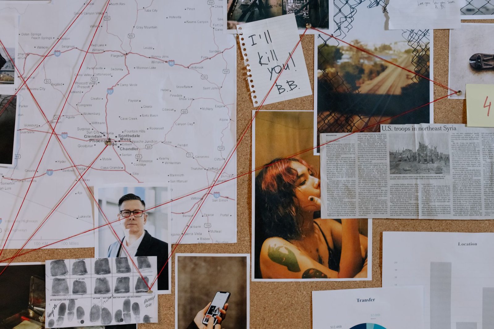 A detailed investigation board with photos, a map, and red thread linking clues together.