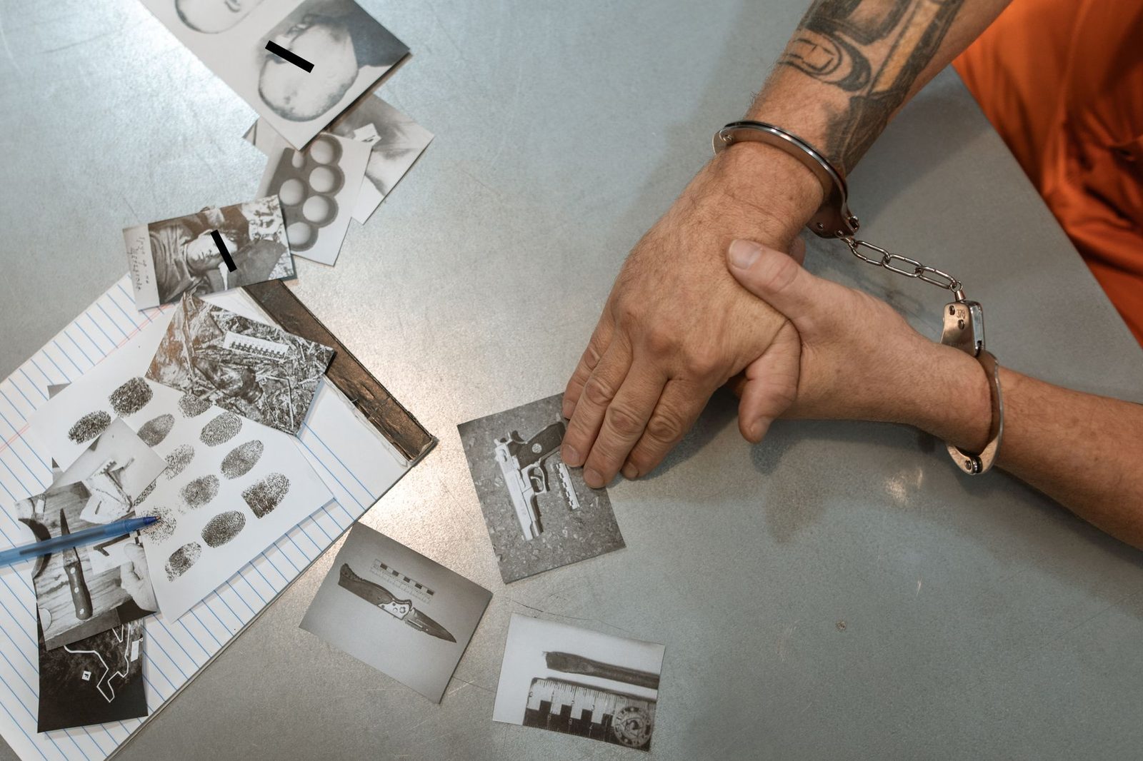 A person in handcuffs looks over printed evidence photos and documents at a table.