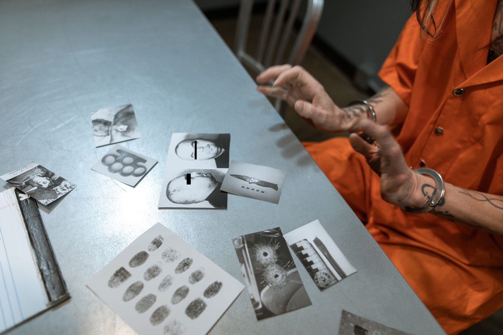 A prisoner in an orange jumpsuit looks over crime scene photos at a table in a jail interrogation room.