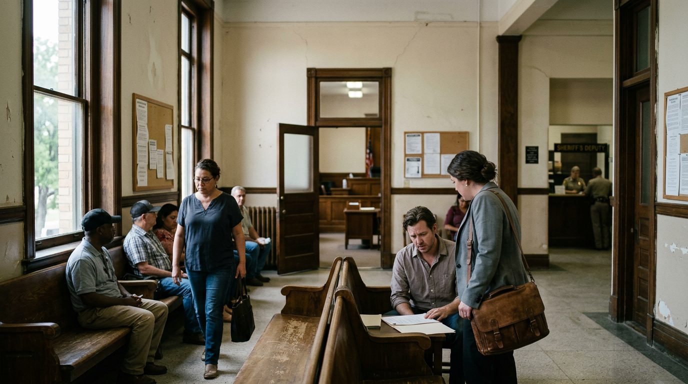 A wide view of a quiet Texas courthouse hallway with wooden benches, a legal document folder, and a gavel on a table.