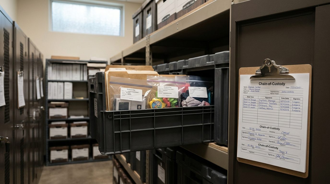 Child Sex Crimes Defense Lawyer in Collin County, Texas. the evidence storage area of a child advocacy center with secured containers and chain-of-custody documentation for digital and physical evidence