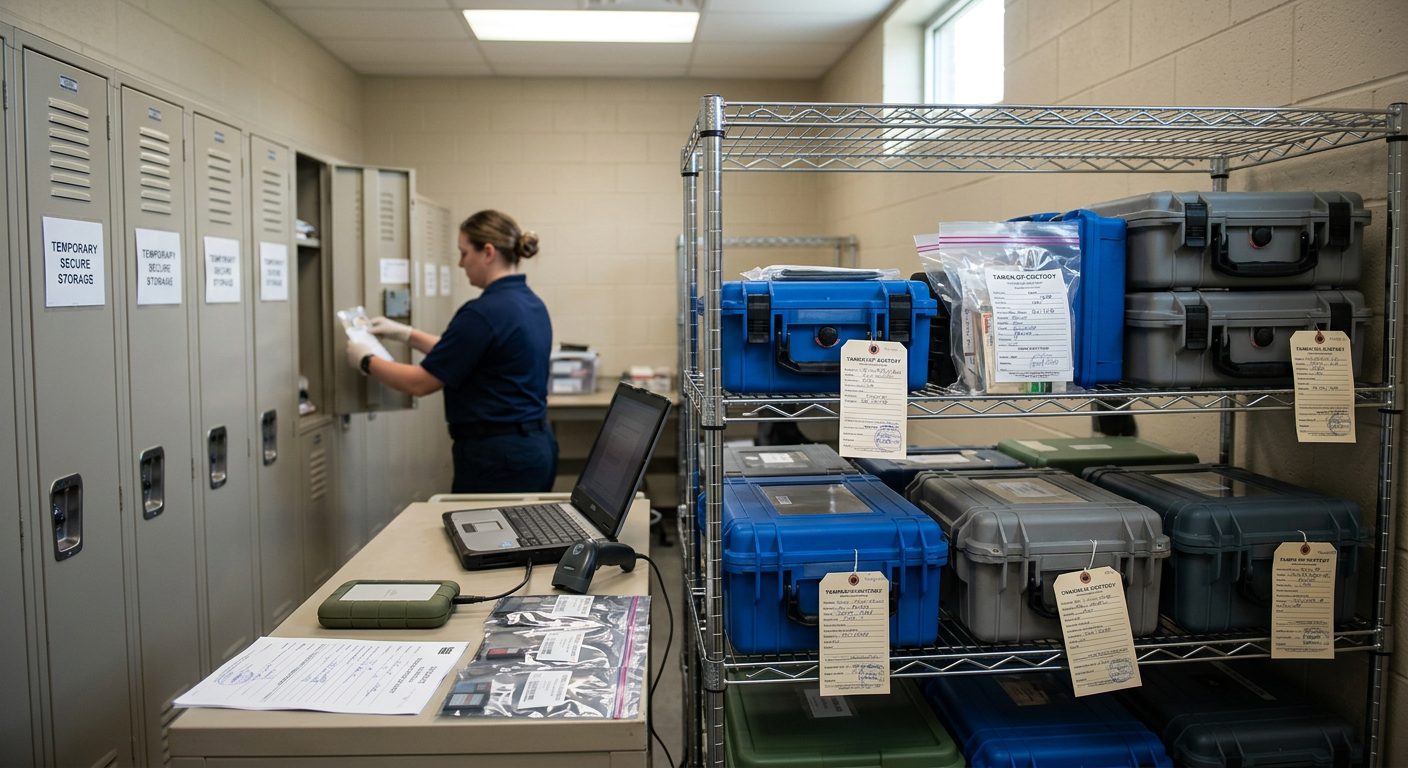 Child Sex Crimes Defense Lawyer Midland | Barbieri Law Firm. the evidence storage area of a child advocacy center with secured containers and chain-of-custody documentation for digital and physical evidence, alternate scene 2