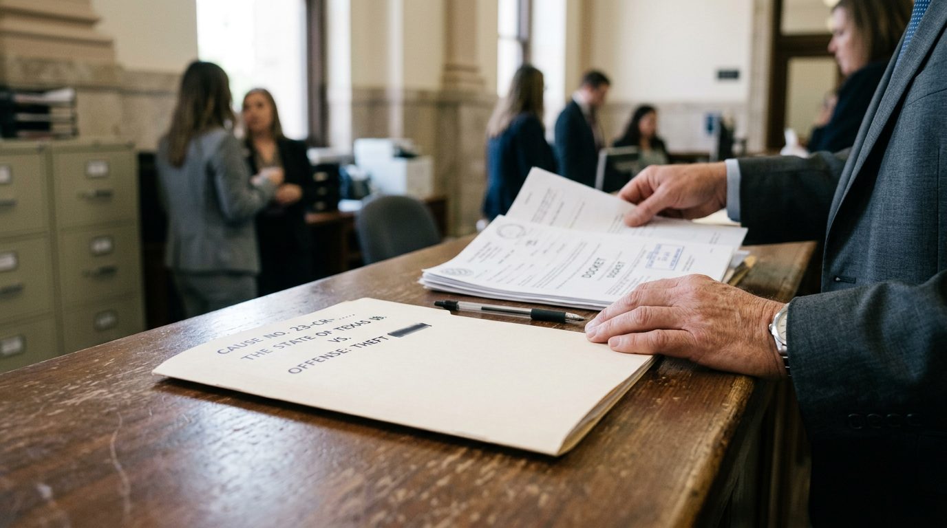 Close-up of a wooden desk with a legal folder, a pen, and a gavel beside a Texas state flag.