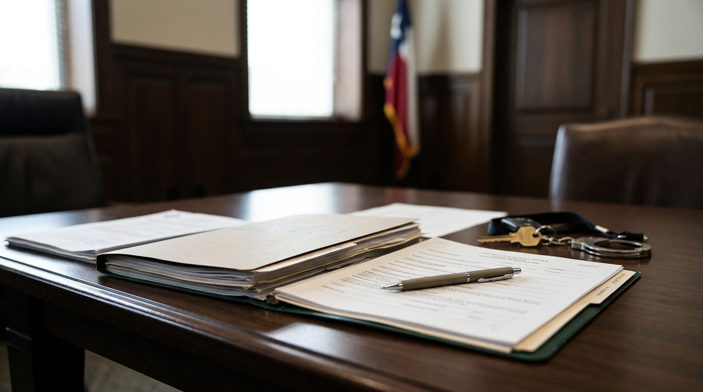 Close-up of a wooden gavel resting on legal papers in a courtroom.