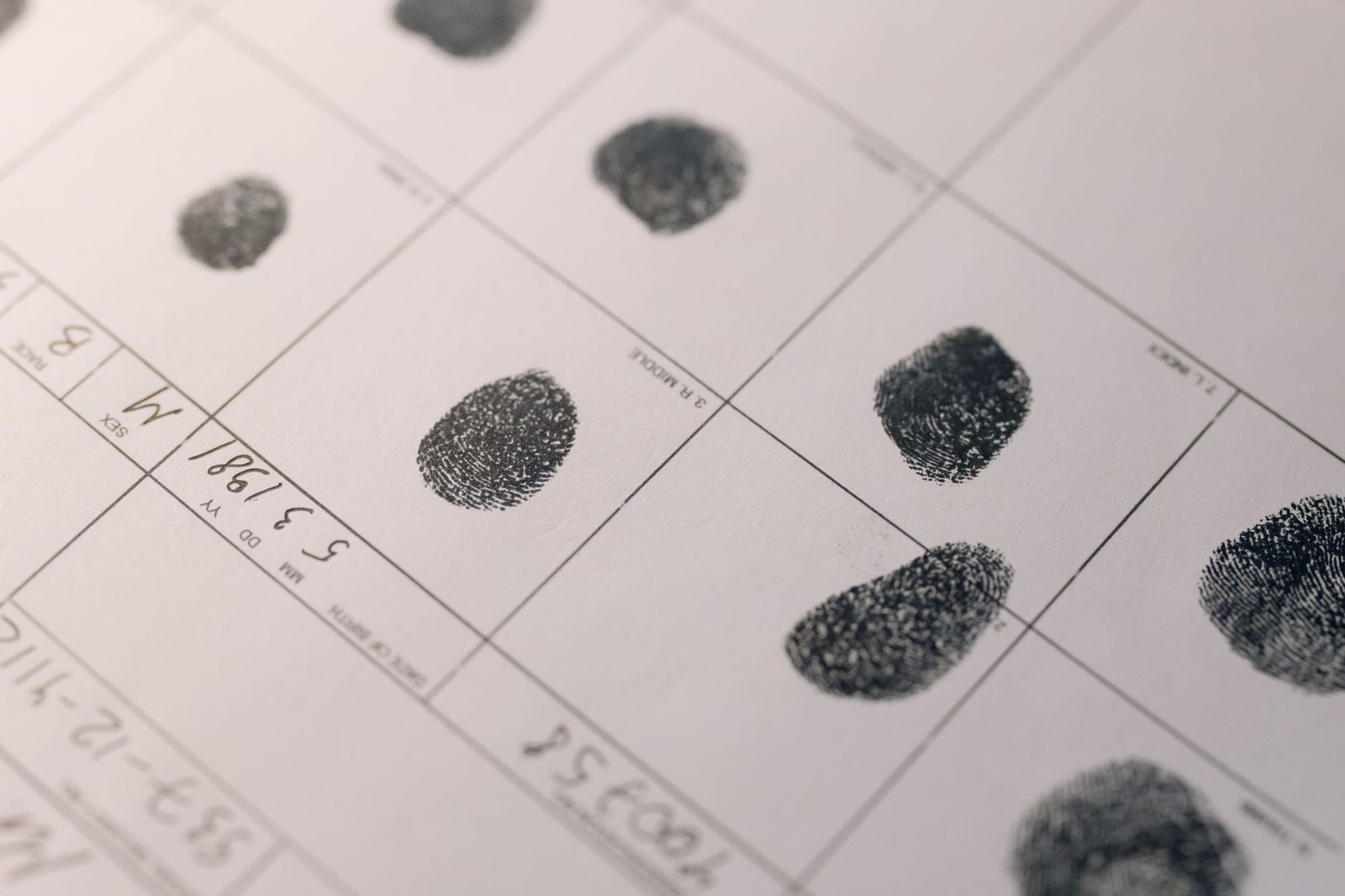 Close-up of an official document with detailed fingerprints, showing the identity verification process.