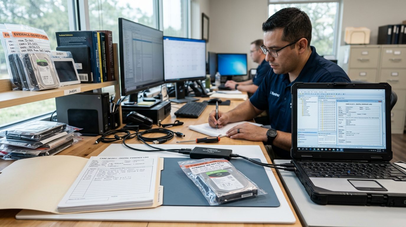 Computer forensics workspace with imaging equipment, hard drives in evidence bags, and digital evidence documentation.