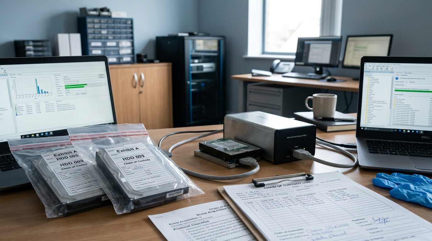 Computer forensics workstation with disk imaging equipment, hard drives in evidence bags, and digital evidence documentation.