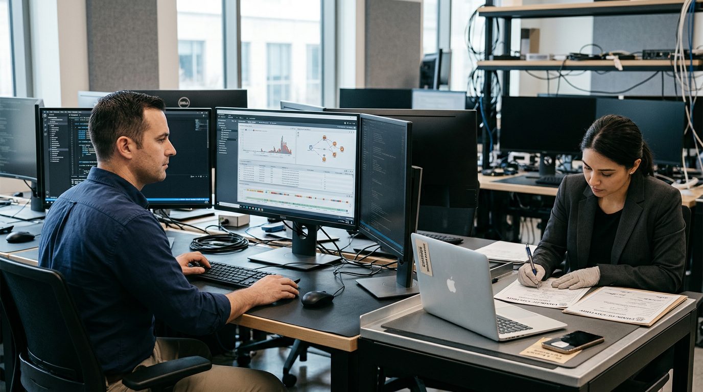 Computer monitors in a digital forensics lab display network analysis software beside evidence documentation for seized devices.