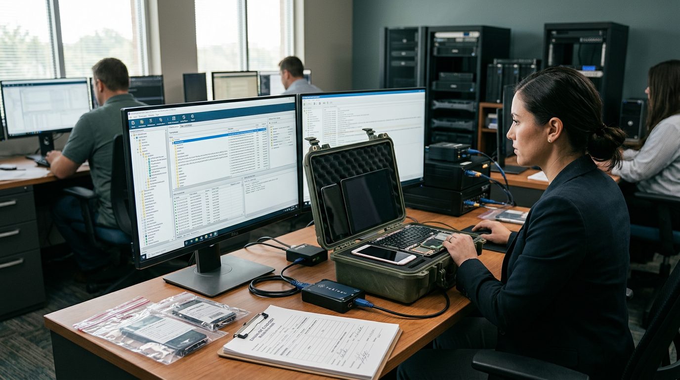 Computer workstations in a digital forensics lab display network analysis software beside chain-of-custody paperwork for seized devices.