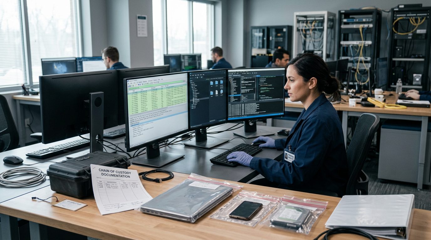 Computer workstations in a digital forensics lab display network analysis software, with chain-of-custody forms beside seized devices.