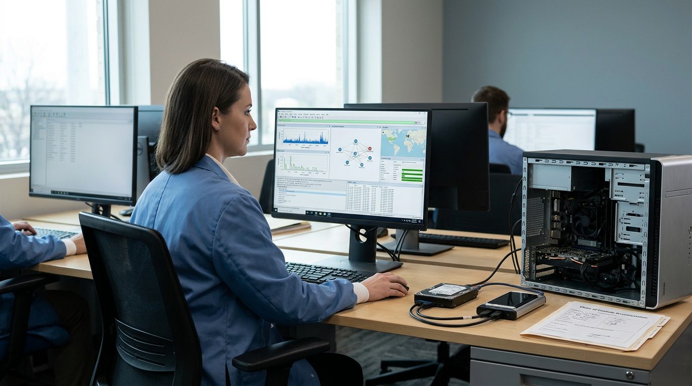 Computer workstations in a digital forensics lab display network analysis software beside evidence documentation for seized devices.