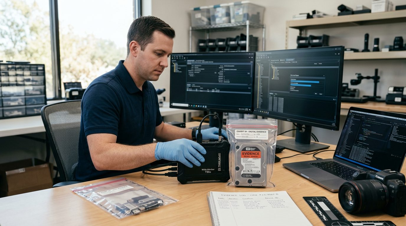 Dallas Online Solicitation of a Minor Defense Lawyer. a computer forensics examiner's workspace with imaging equipment, hard drives in evidence bags, and detailed documentation of digital evidence collection from online platforms, alternate scene 2