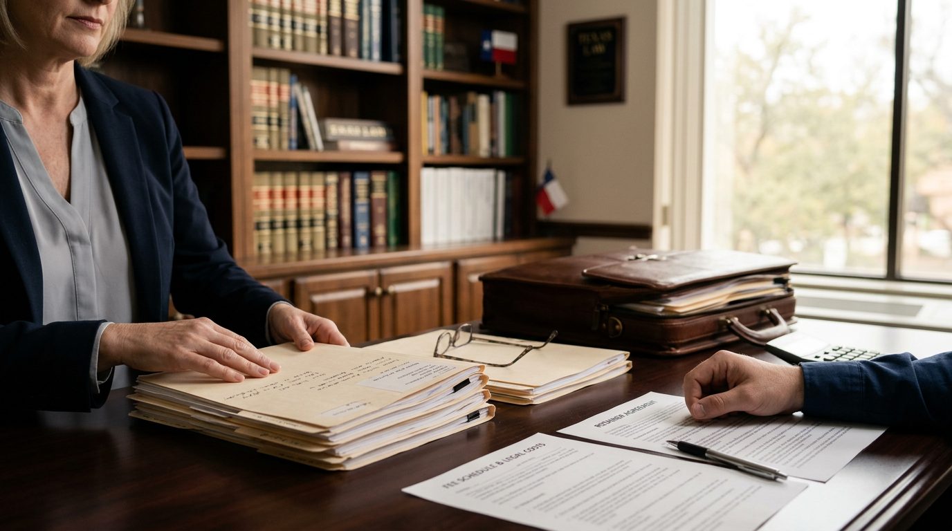 Desk in a law office with a calculator, legal documents, and a pen, arranged for reviewing legal fees.