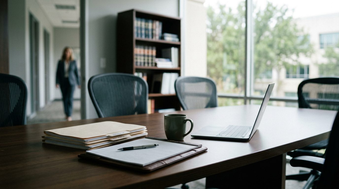 Desk with legal documents and a gavel in a law office in Allen, Texas.