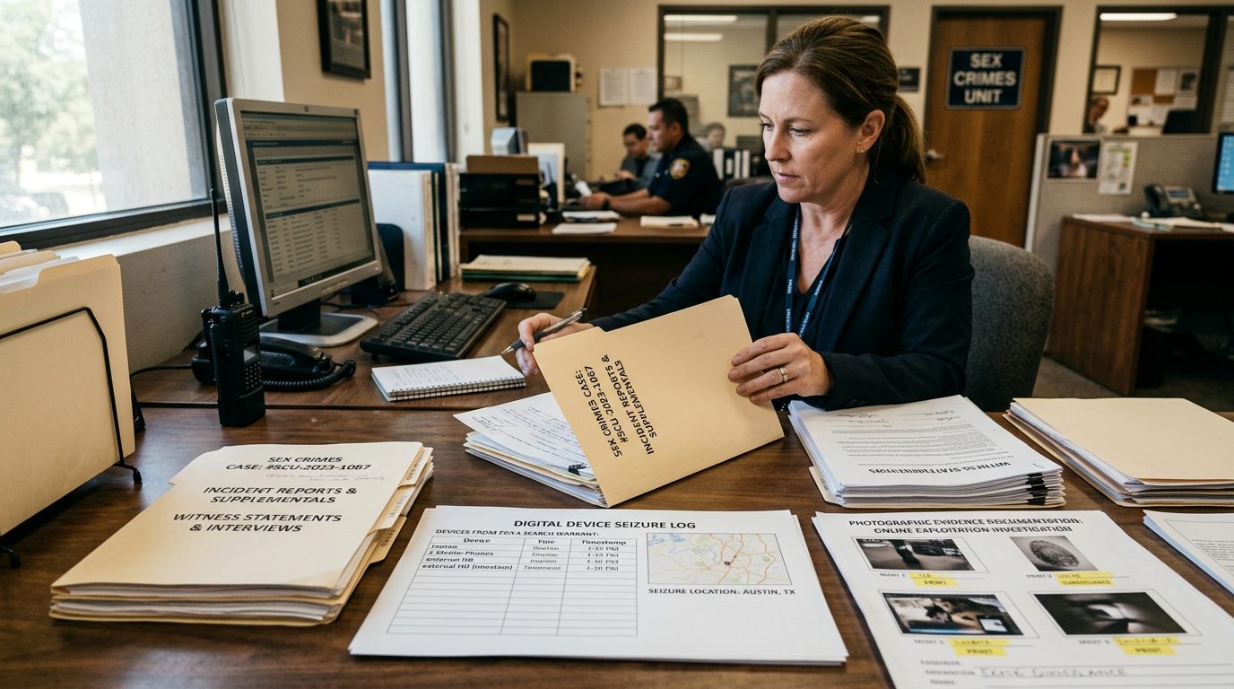 Detective's desk in a sex crimes unit, covered with incident reports, witness statements, and evidence logs.