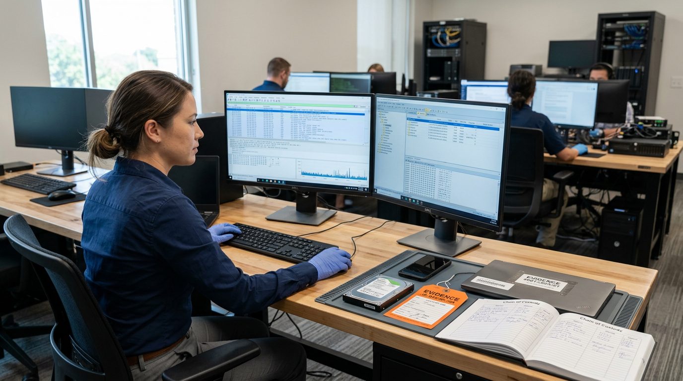 Digital forensics lab with computer workstations and network analysis software for online investigations.