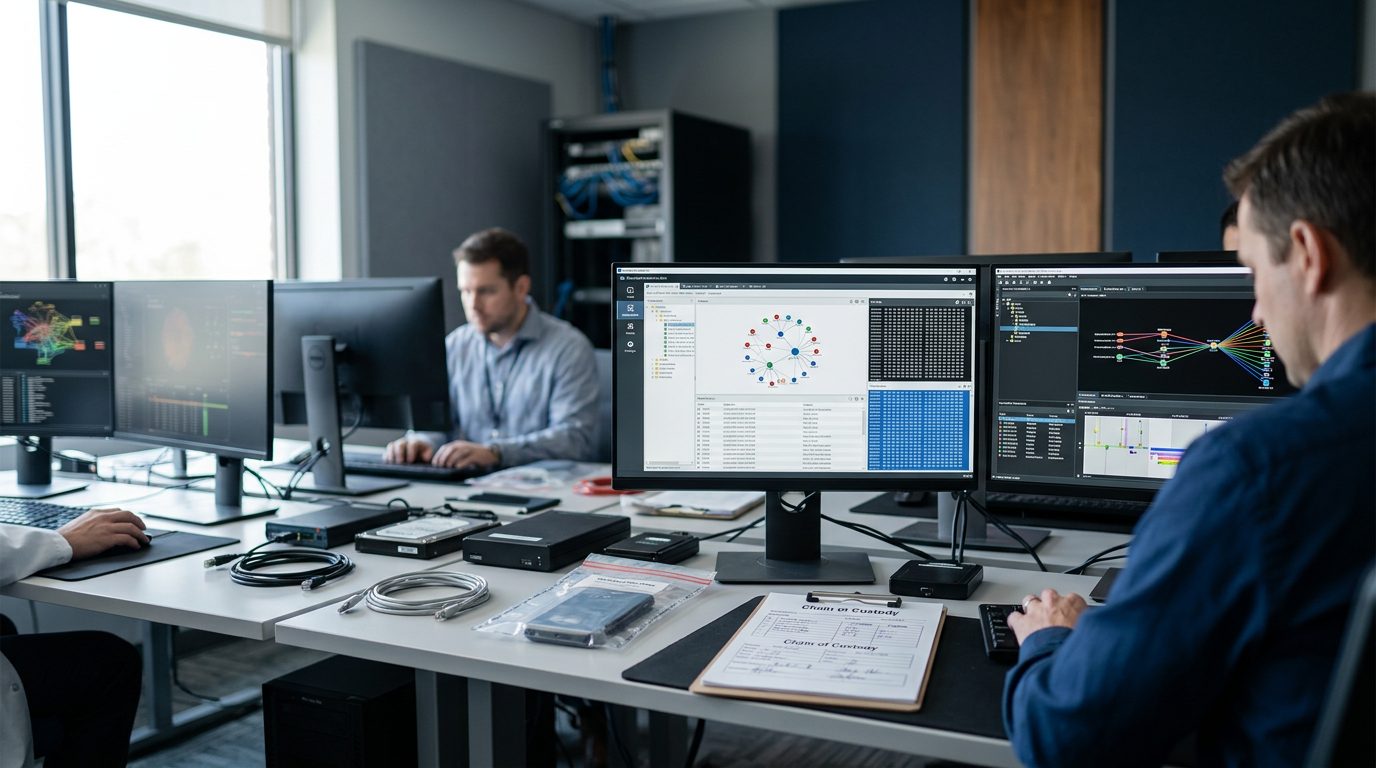 Digital forensics lab with computer workstations and network analysis software for online investigations.