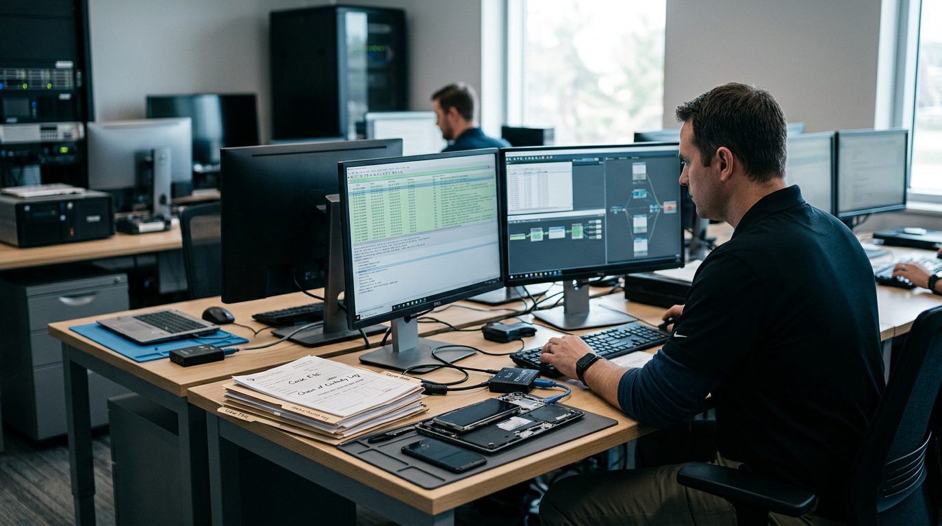 Digital forensics lab with computer workstations and network analysis software for online investigation evidence.