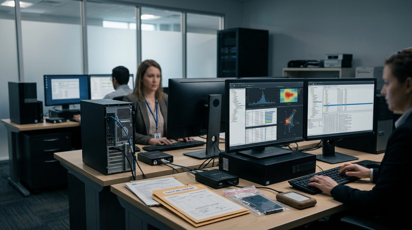 Digital forensics lab with computer workstations and network analysis software for online investigations.