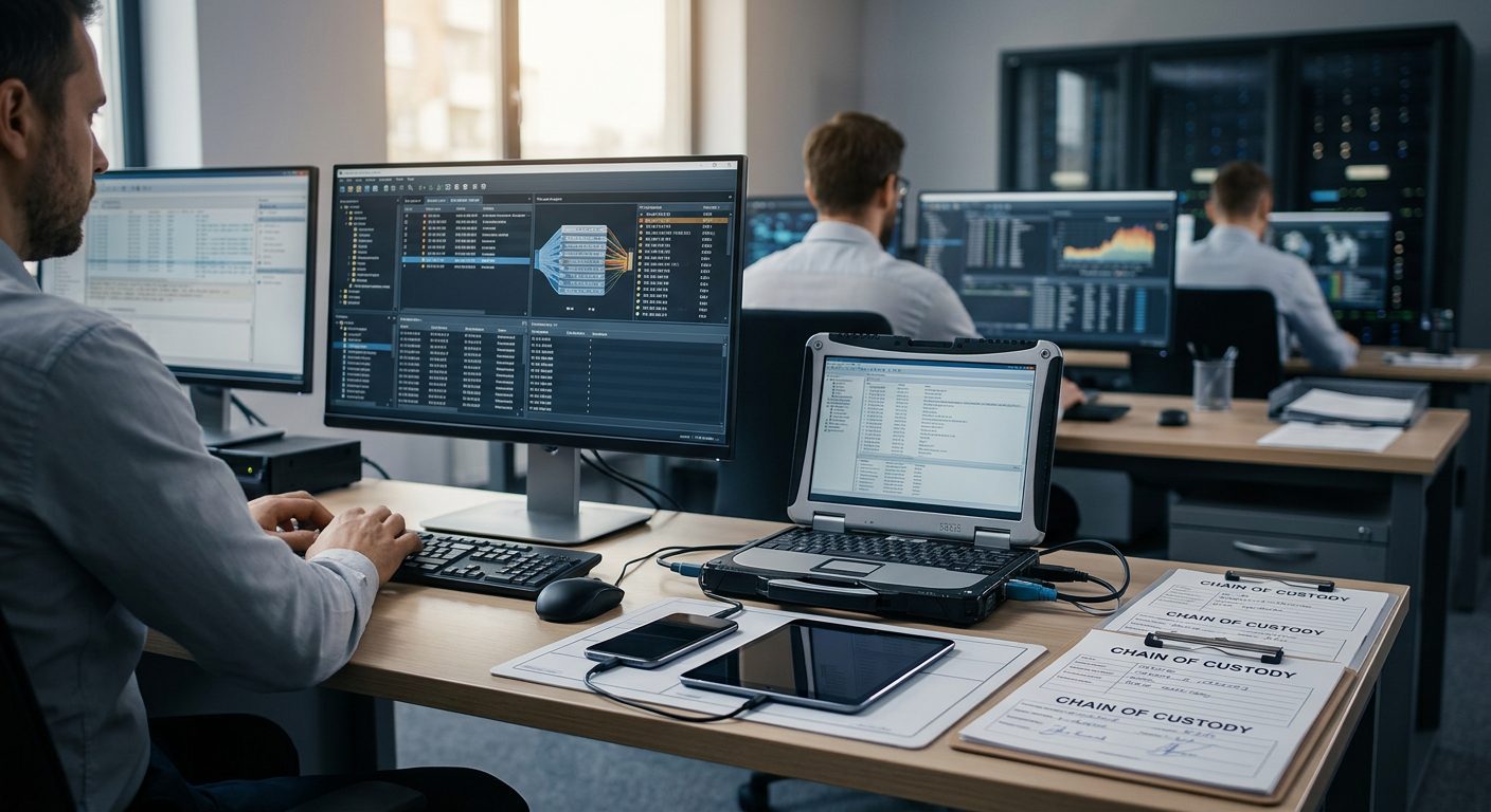 Digital forensics lab with computer workstations and network analysis software for online investigations.