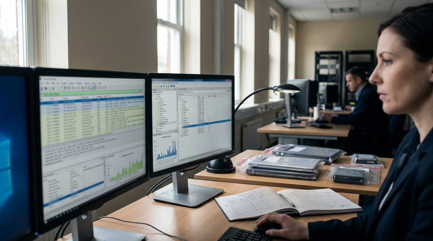 Digital forensics lab with computer workstations and network analysis software for online crime investigations.