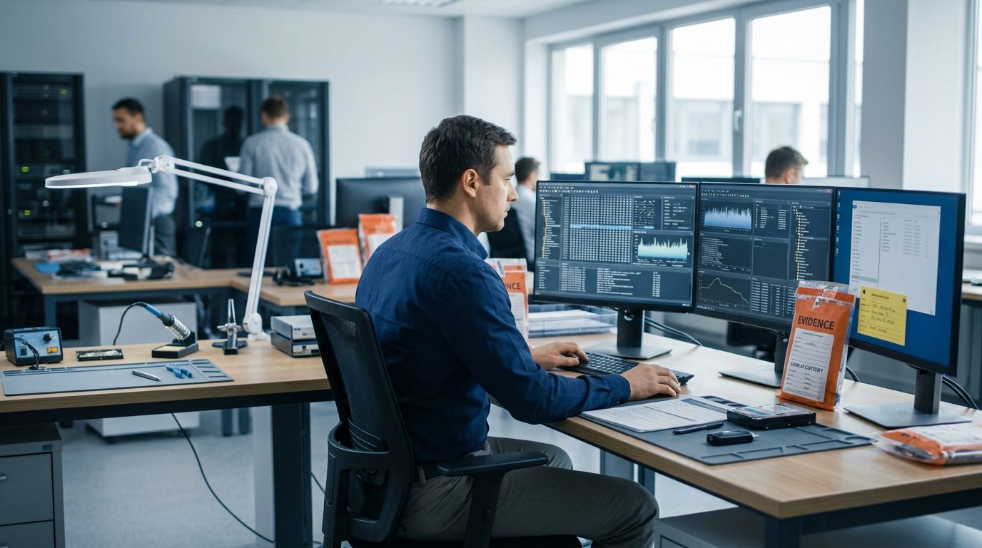 Digital forensics lab with computer workstations and network analysis software for online crime investigations.