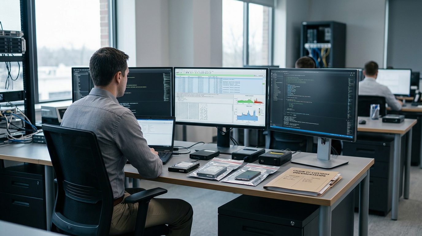Digital forensics lab with computer workstations, network analysis software, and evidence documentation for online investigations.