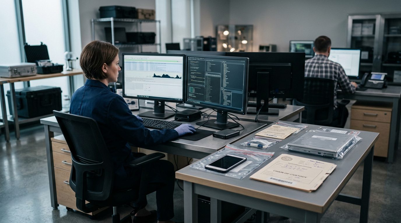 Digital forensics lab with computer workstations, network analysis software, and evidence documentation for online investigations.