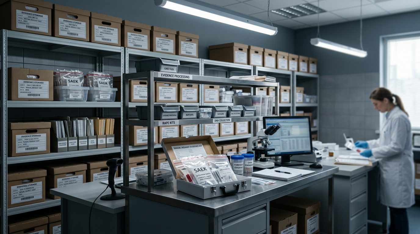 Evidence processing facility with labeled storage and documentation systems for sexual assault investigations.