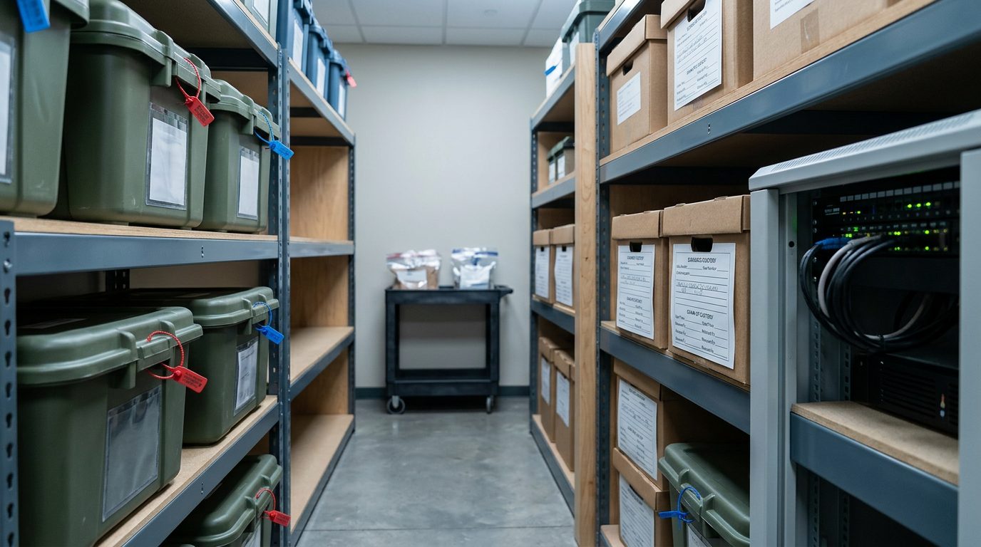 Evidence storage area with secured containers and chain-of-custody documentation at child advocacy center.