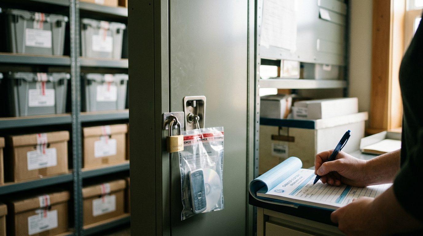 Evidence storage area with secured containers and chain-of-custody documentation at child advocacy center.