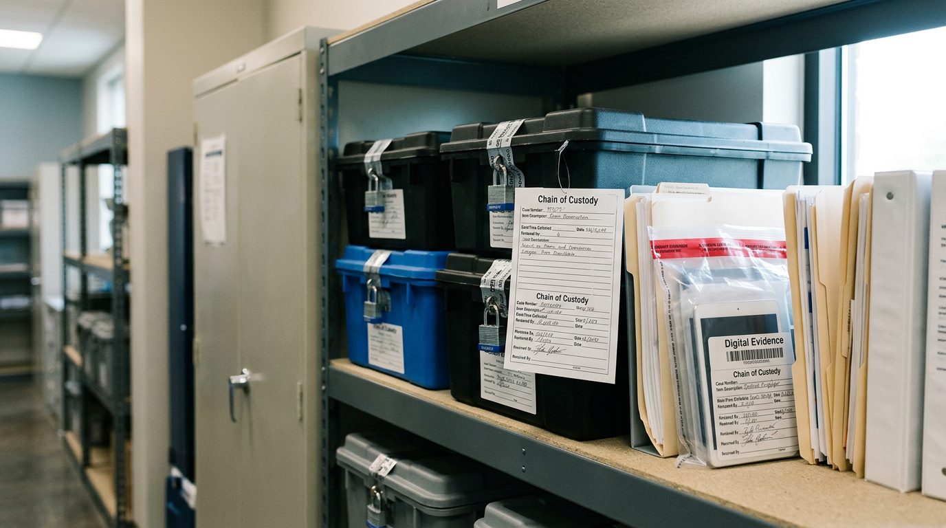 Evidence storage area with secured containers and chain-of-custody documentation at child advocacy center.