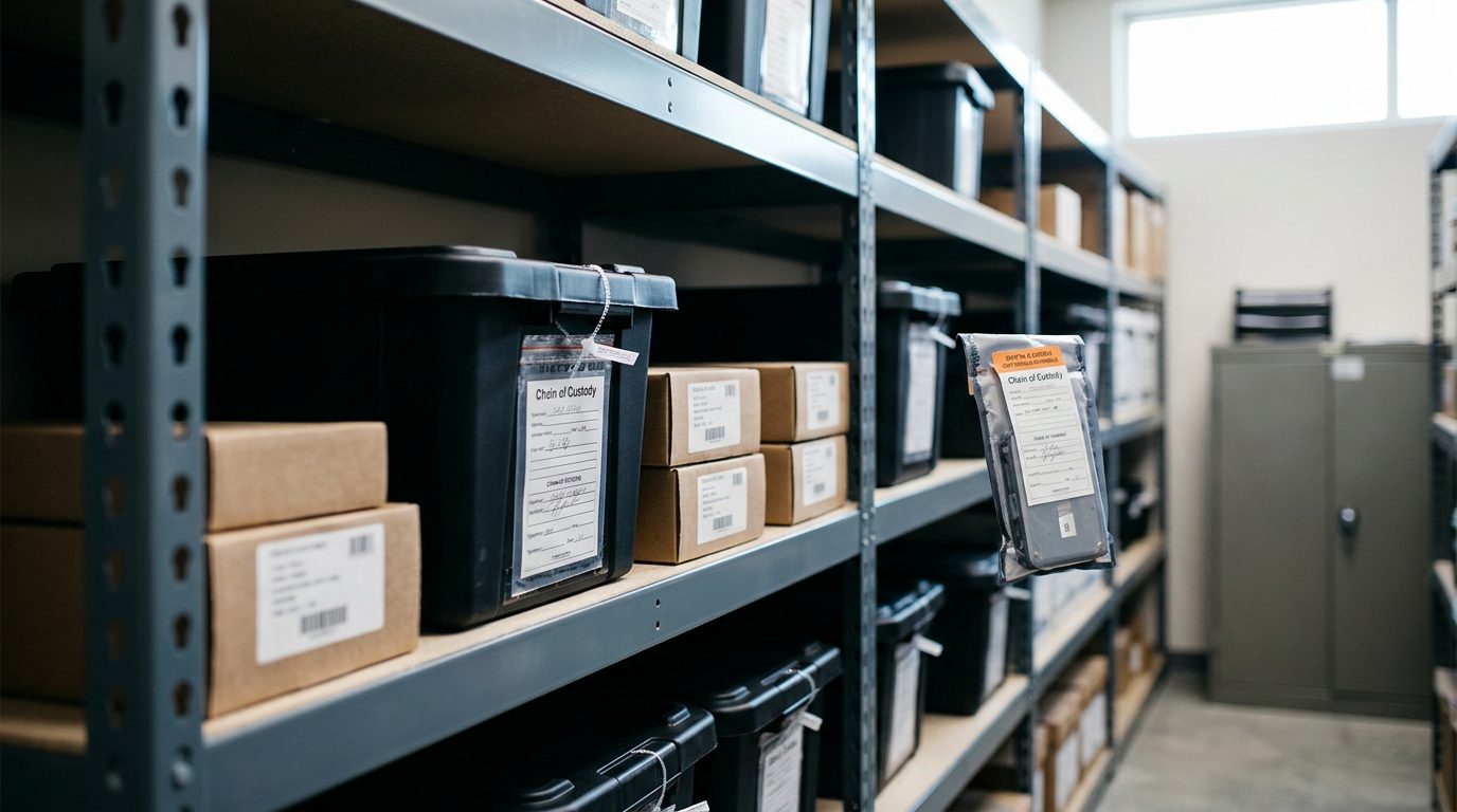 Evidence storage area with secured containers and chain-of-custody documentation at child advocacy center.