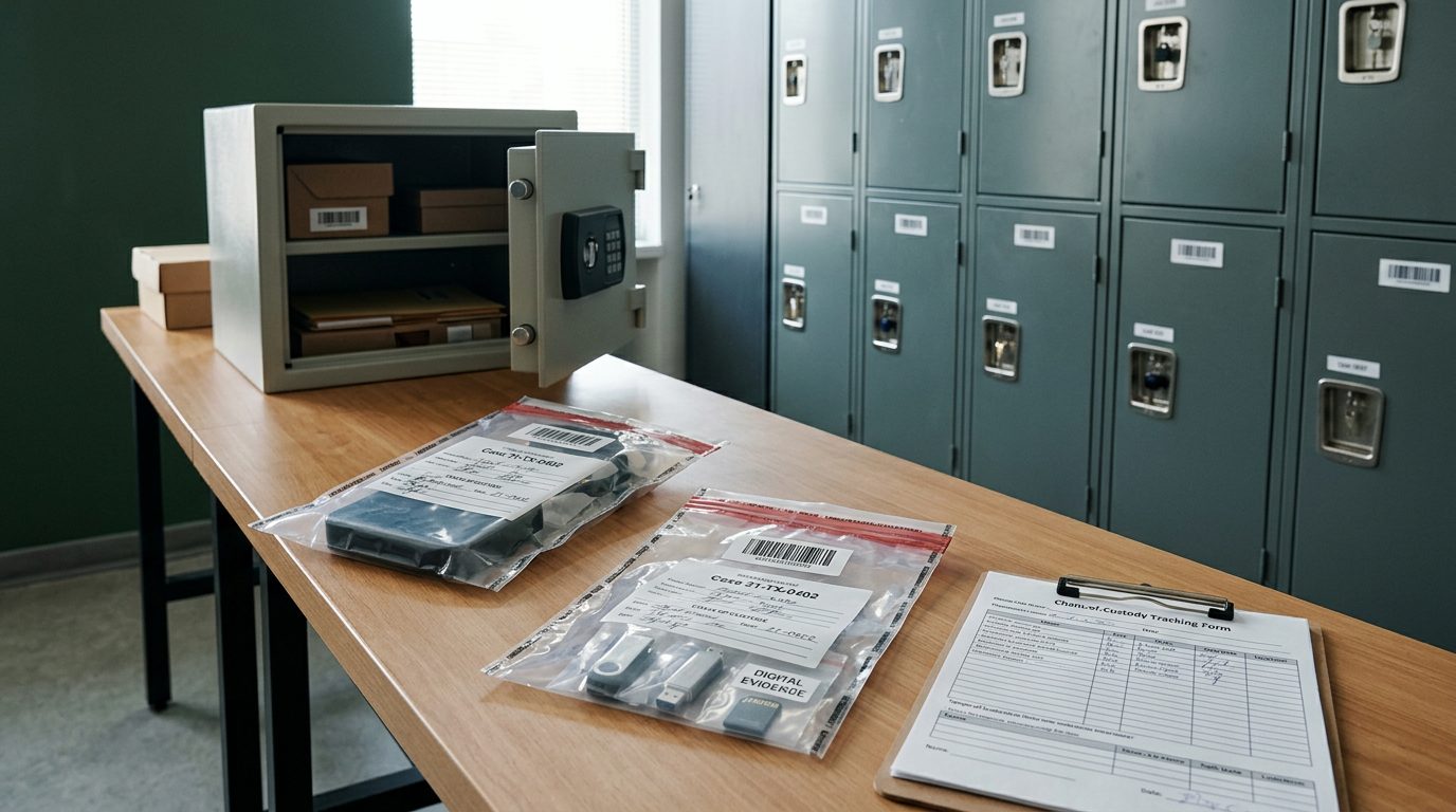 Evidence storage area with secured containers and chain-of-custody documentation at child advocacy center.
