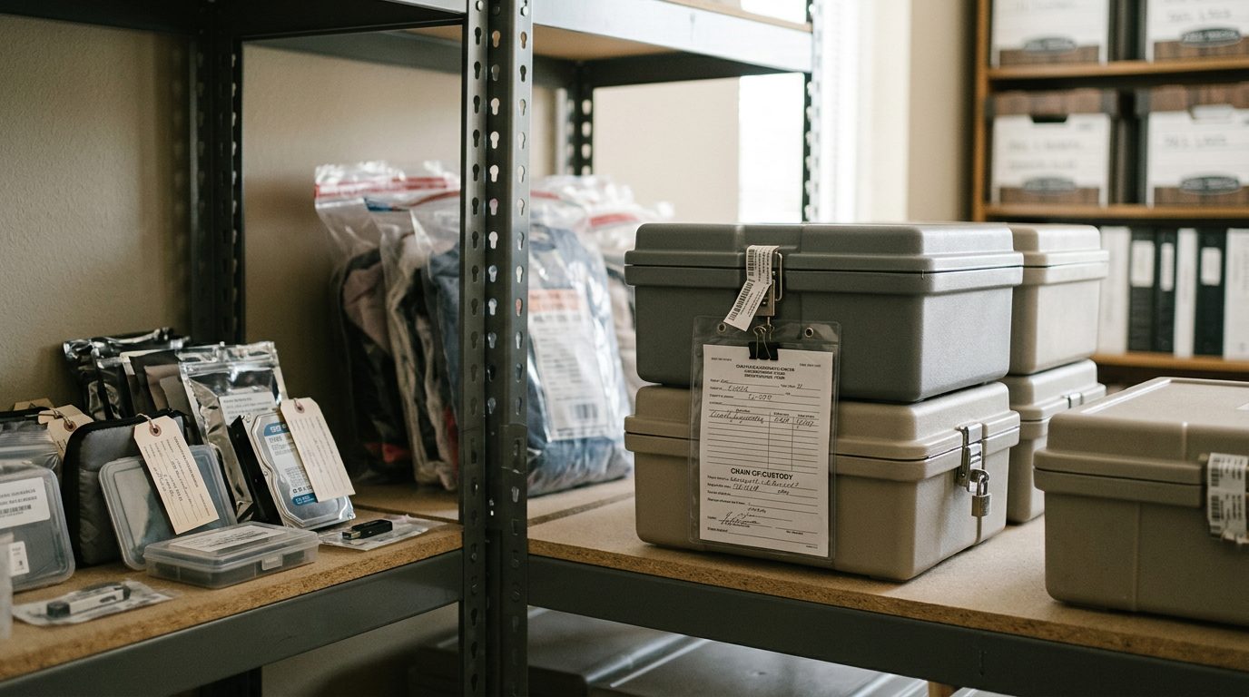 Evidence storage area with secured containers and chain-of-custody documentation at child advocacy center.