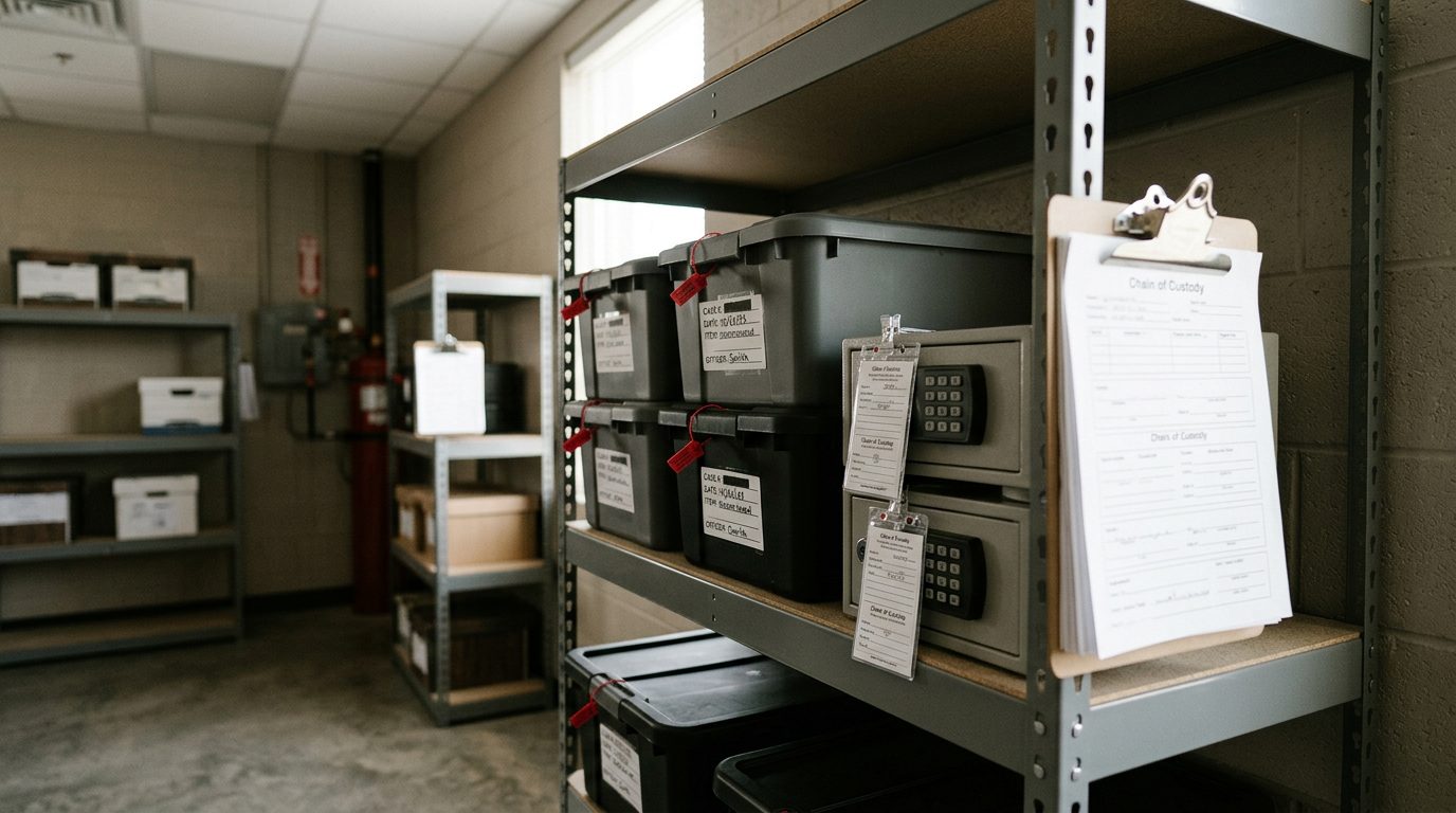 Evidence storage room with locked containers and chain-of-custody forms for digital and physical items.