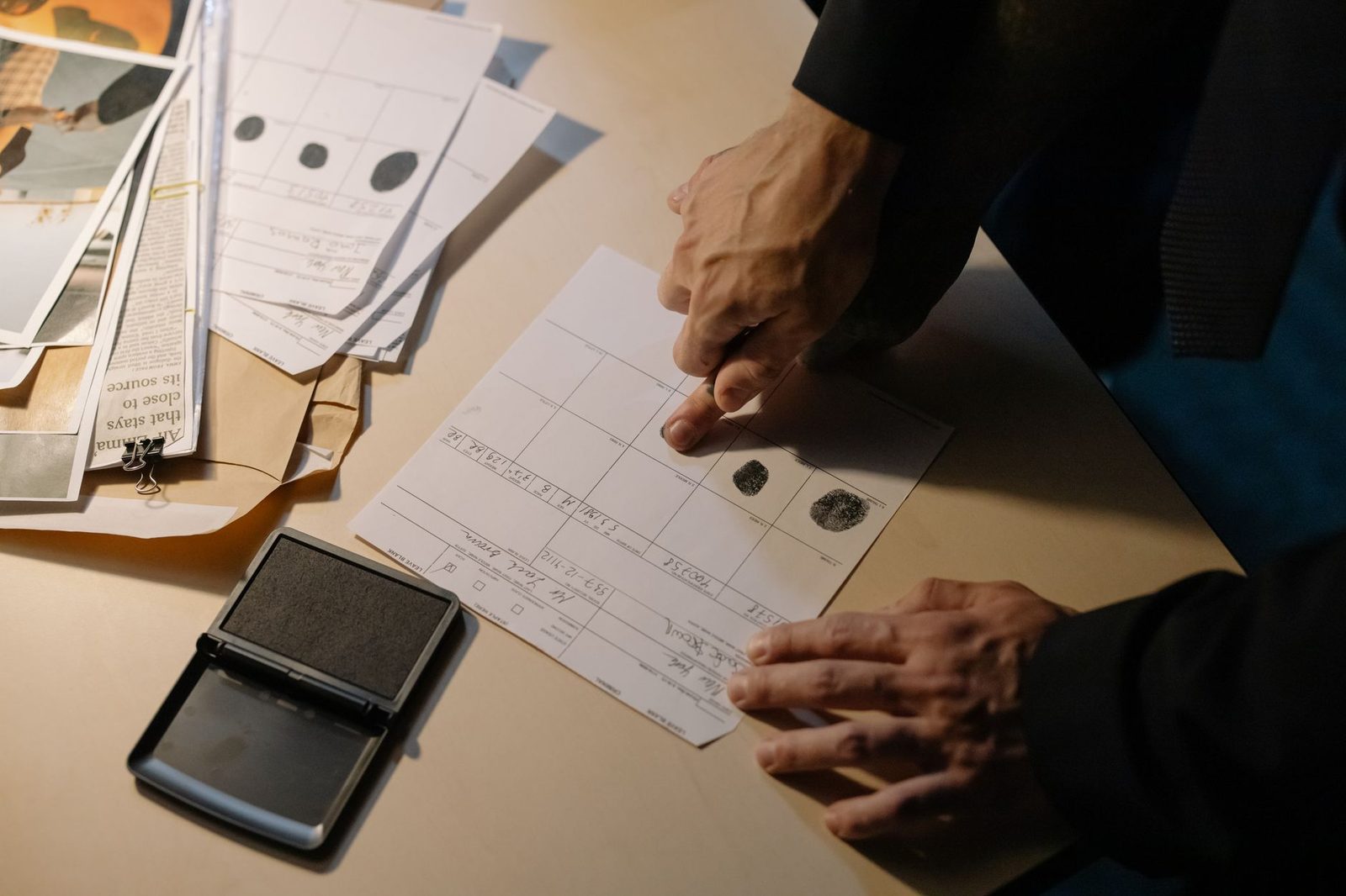 Fingerprint analysis with ink pad and forensic documents on desk.