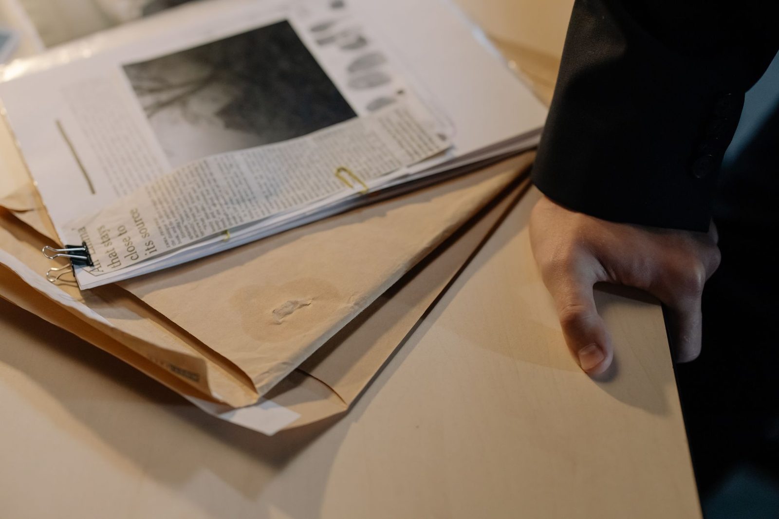 Hand on desk next to stack of investigative documents and newspaper clippings.