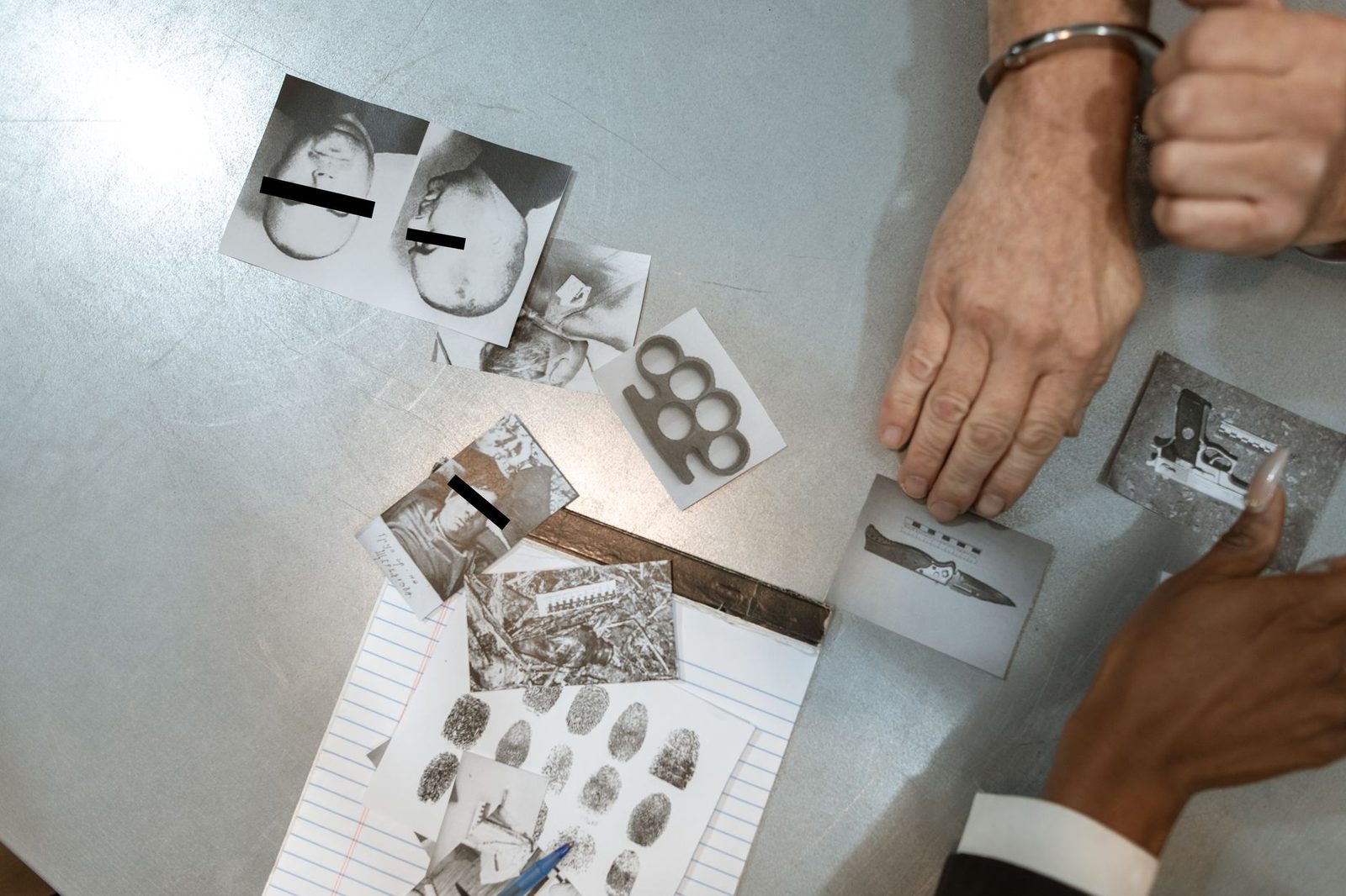 Handcuffed man's hands near case files as an officer reviews evidence during an investigation.