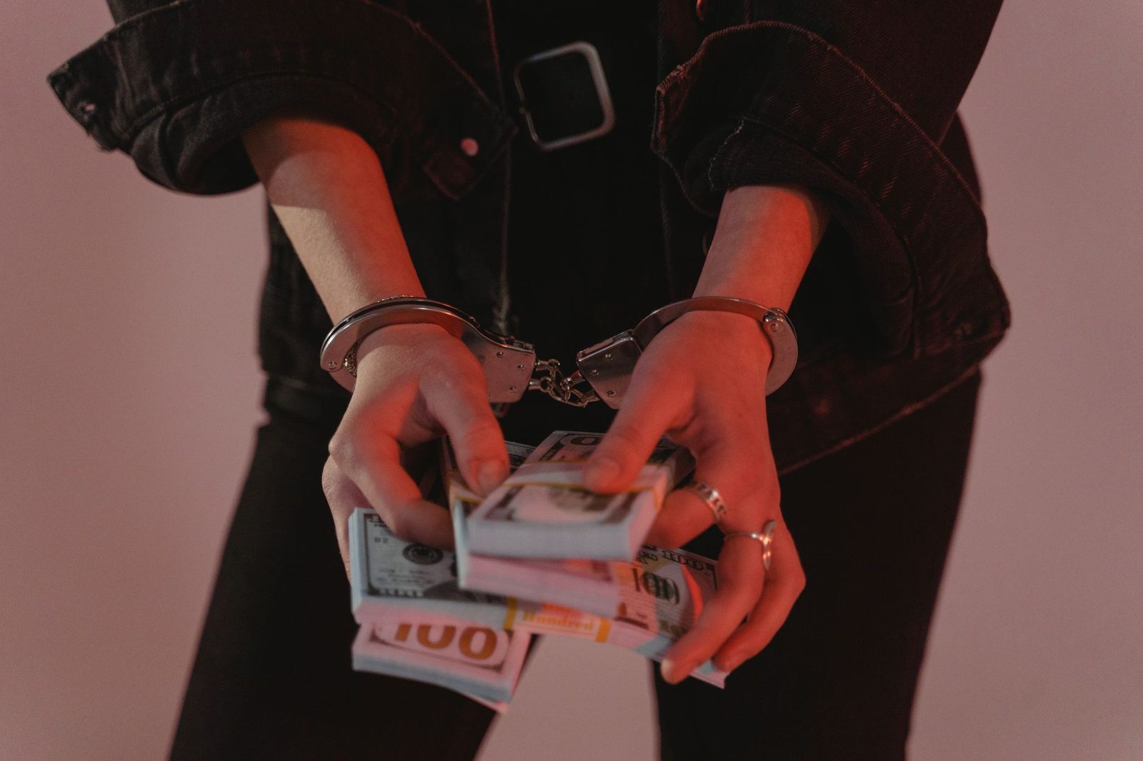 Hands counting cash beside a pair of handcuffs on a table.
