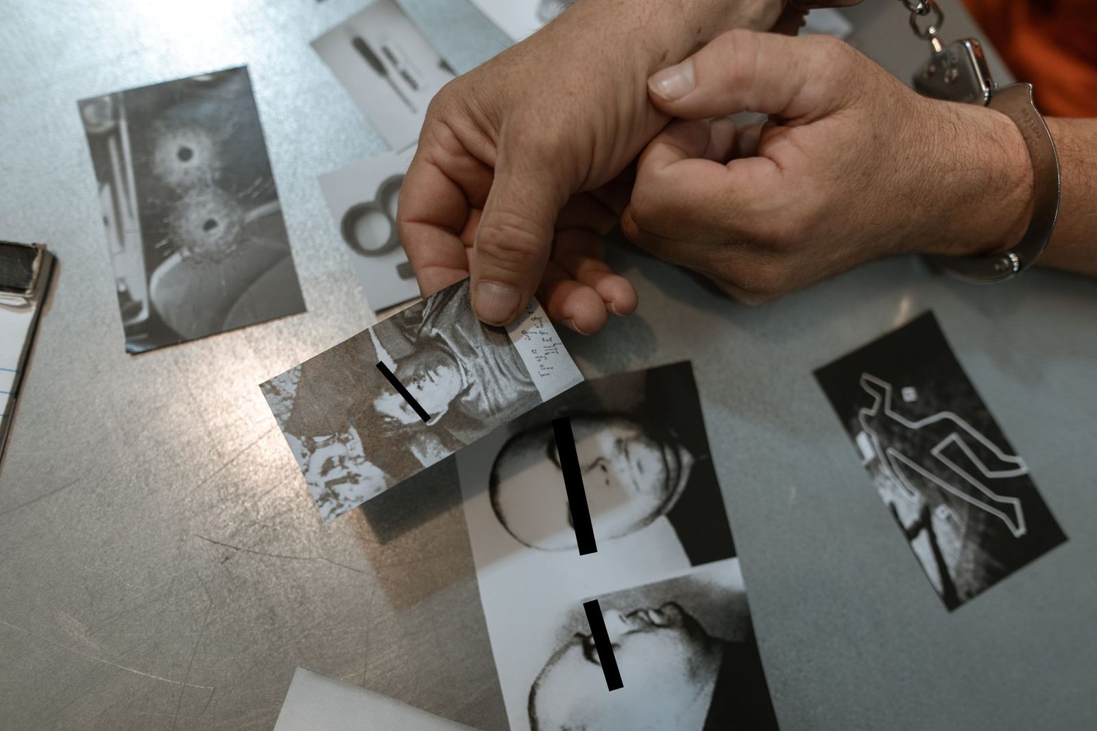 Hands in handcuffs rest beside case photos spread across a table, suggesting a criminal investigation.