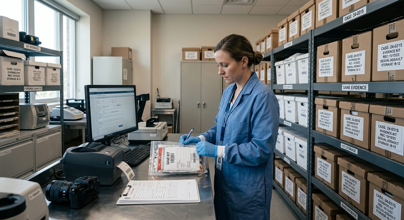 Interior of a law enforcement evidence facility with labeled storage shelves and documentation systems.