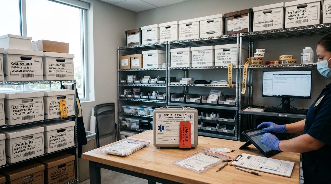 Interior of a law enforcement evidence facility with labeled storage shelves and documentation systems.