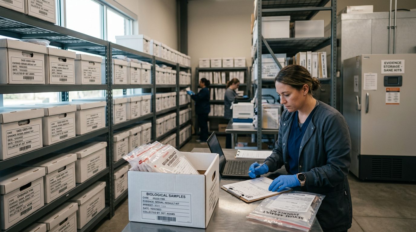Interior of a law enforcement evidence facility with labeled storage shelves and records systems.