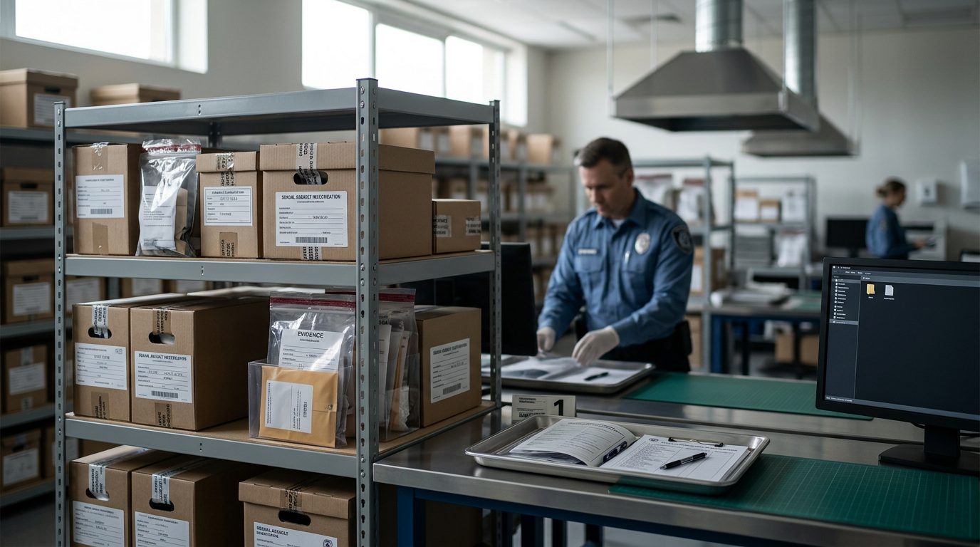 Interior of a law enforcement evidence facility with labeled storage shelves and documentation systems.
