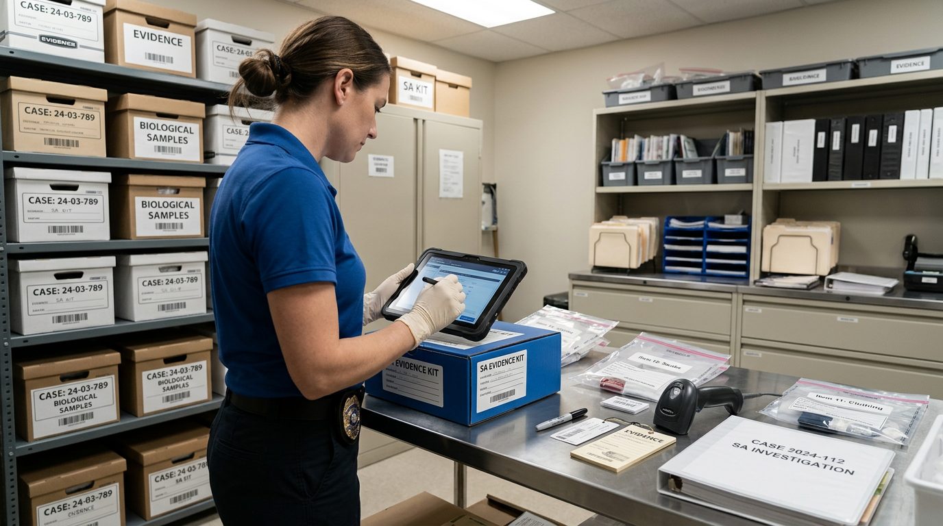 Interior of a law enforcement evidence facility with labeled storage shelves and documentation systems.