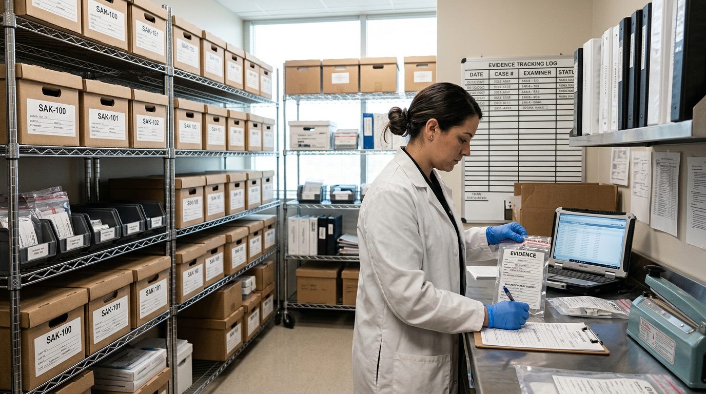 Interior of a police evidence facility with labeled storage shelves and documentation systems used in sexual assault investigations.