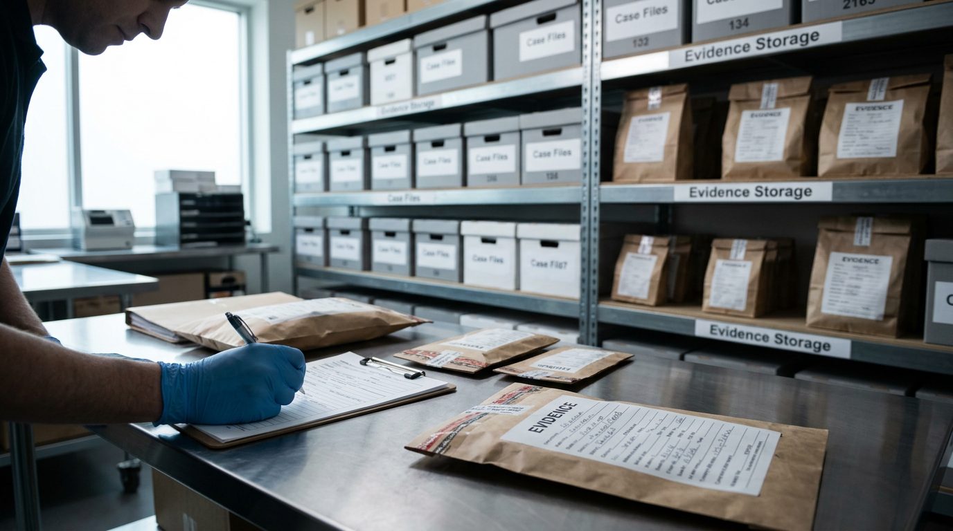 Interior of a police evidence facility with labeled storage shelves and records systems.