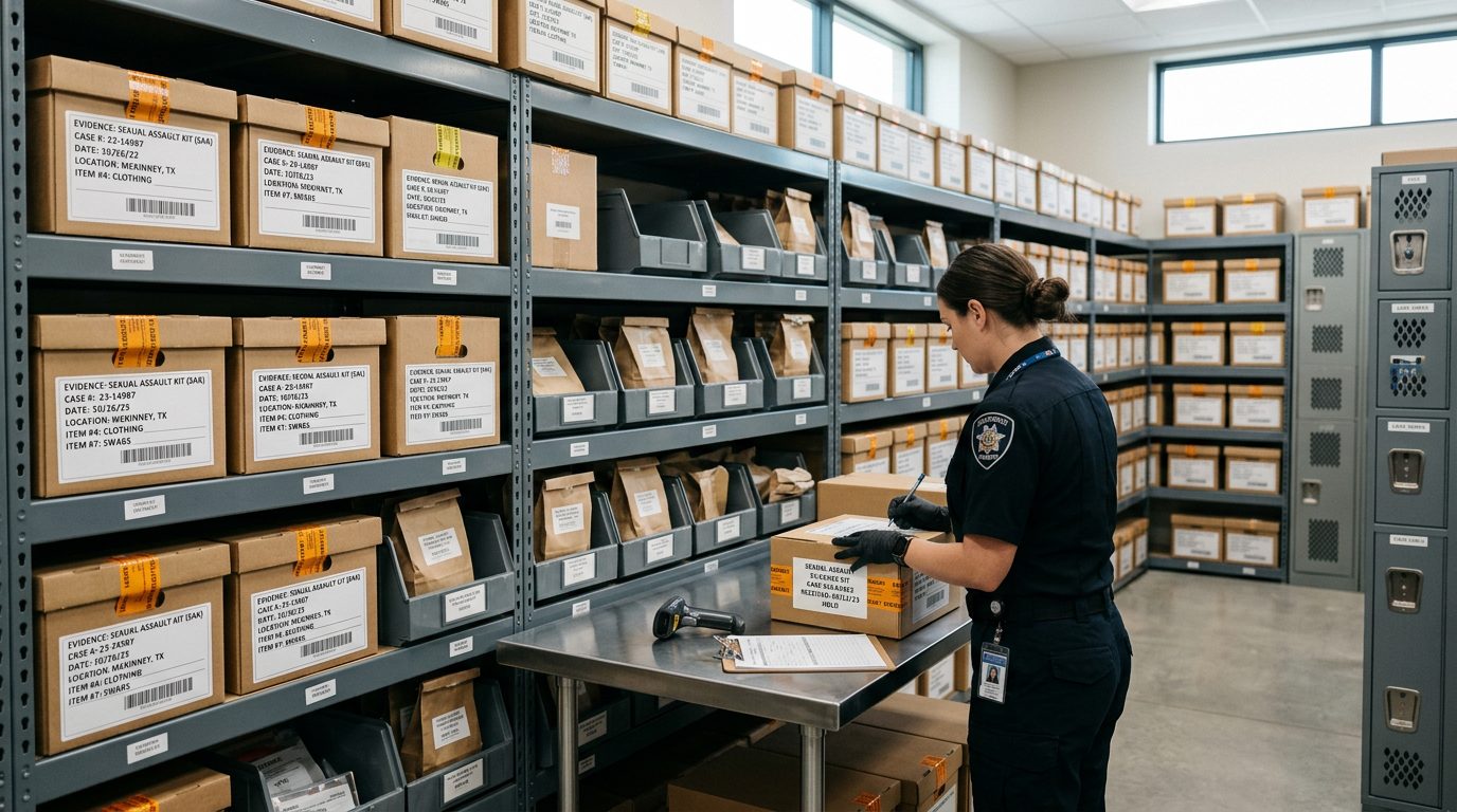 Interior of a police evidence facility with labeled storage shelves and documentation systems used in sexual assault investigations.