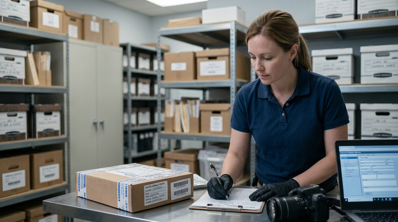 Interior of a police evidence facility with labeled storage shelves and documentation systems.